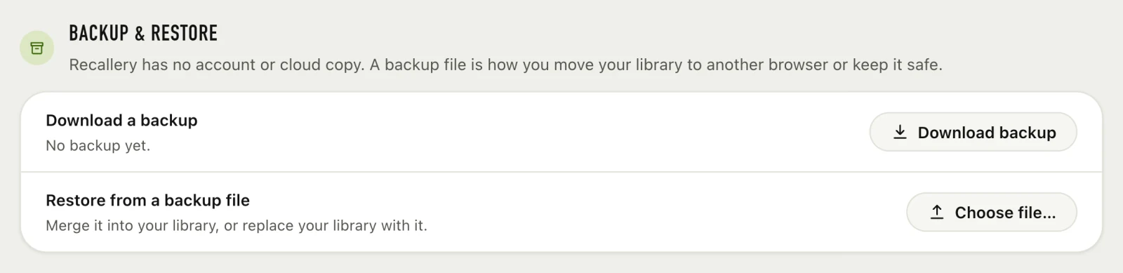 The Backup and restore section of settings with Download backup and Choose file buttons