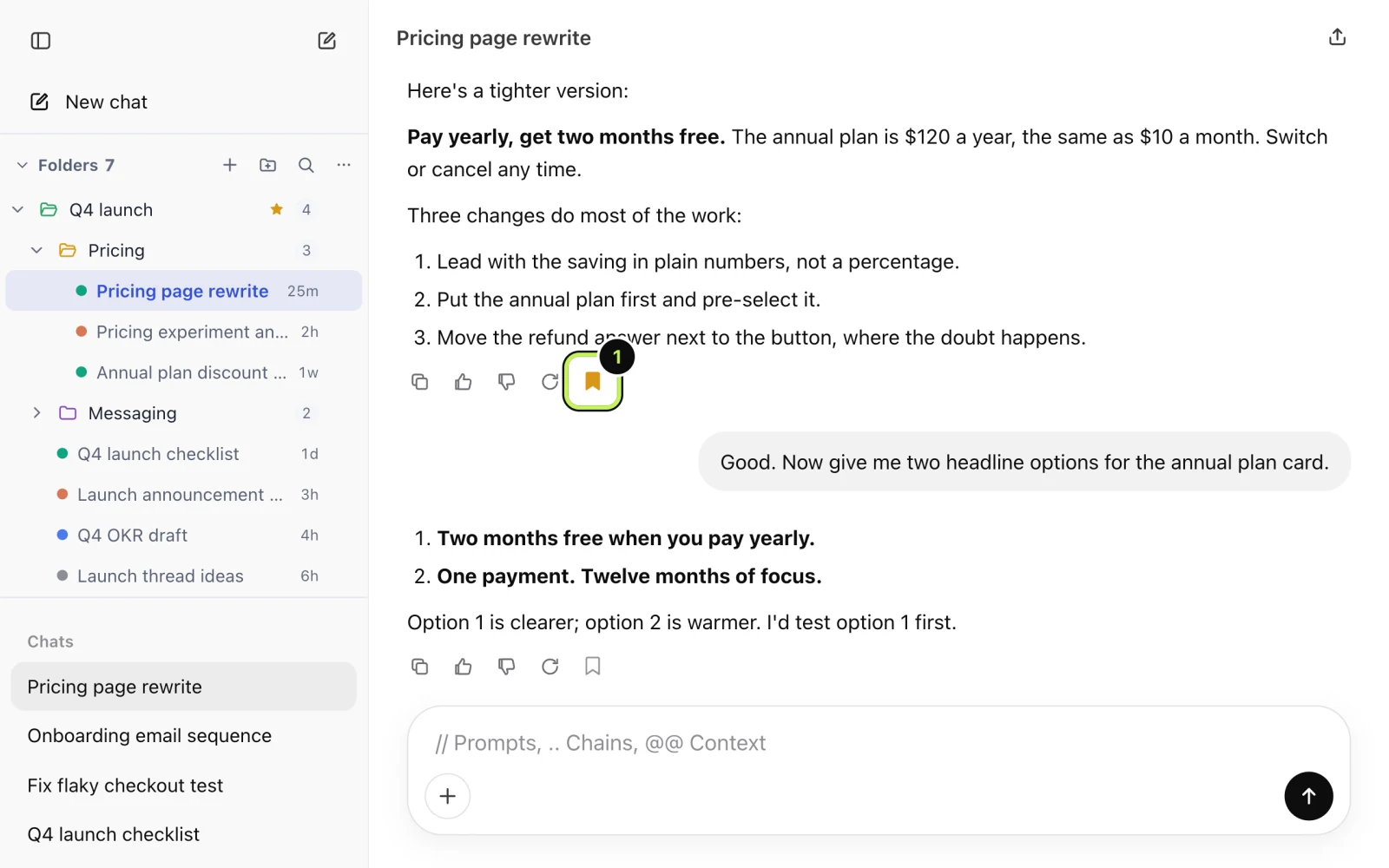 A ChatGPT reply with its action row, and the bookmark icon filled in to show the message is saved