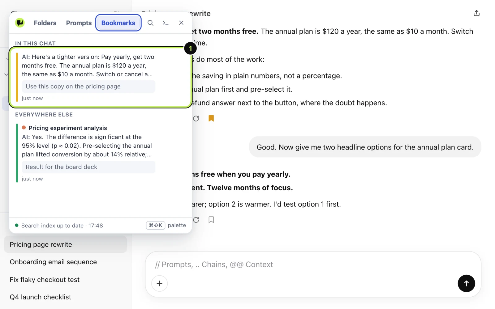The Bookmarks panel with one bookmark from this chat at the top, and another from a different chat below it