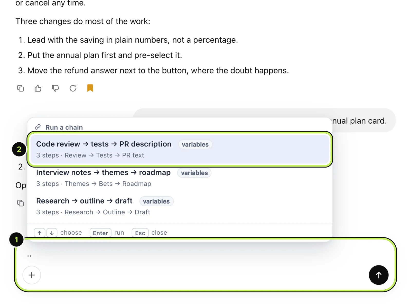 The chain picker open above the message box, listing three chains with their steps