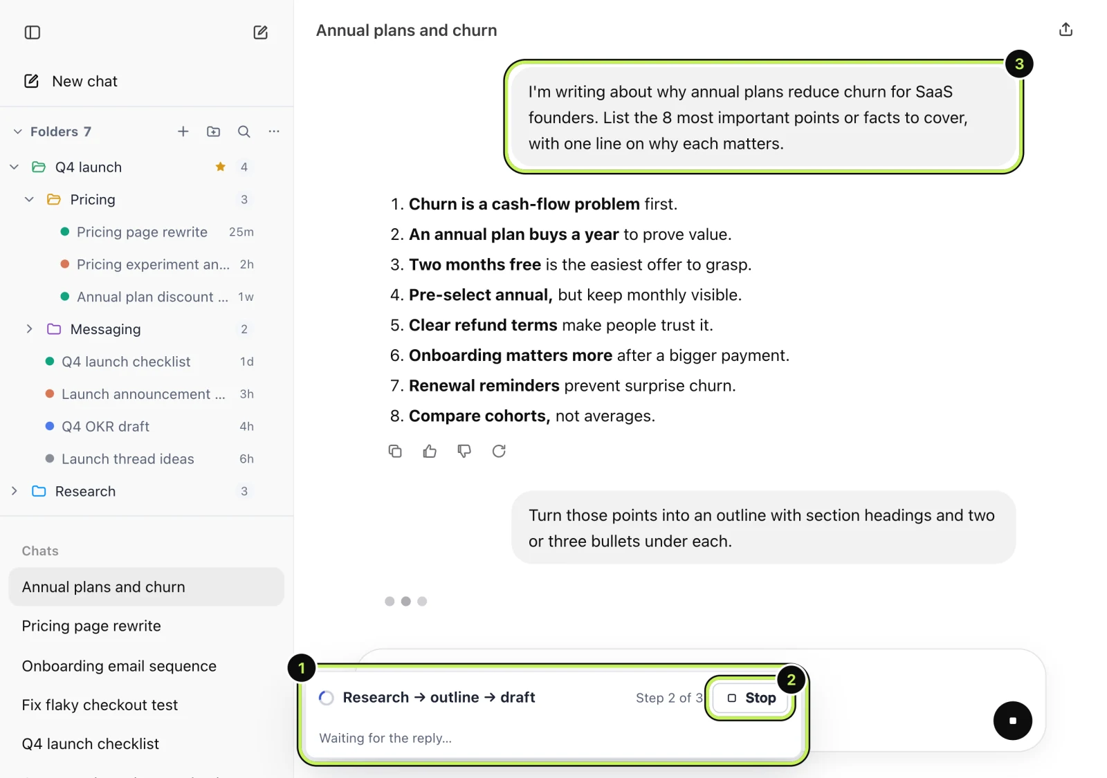 The chain progress bar at the bottom of the chat, showing the chain name, step 2 of 3 and a Stop button