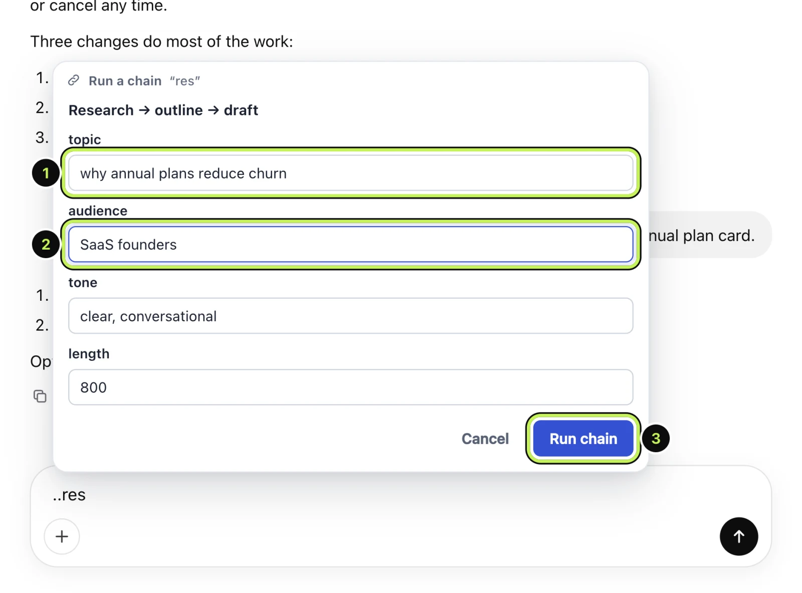 The Run a chain form with fields for topic, audience, tone and length, and a Run chain button