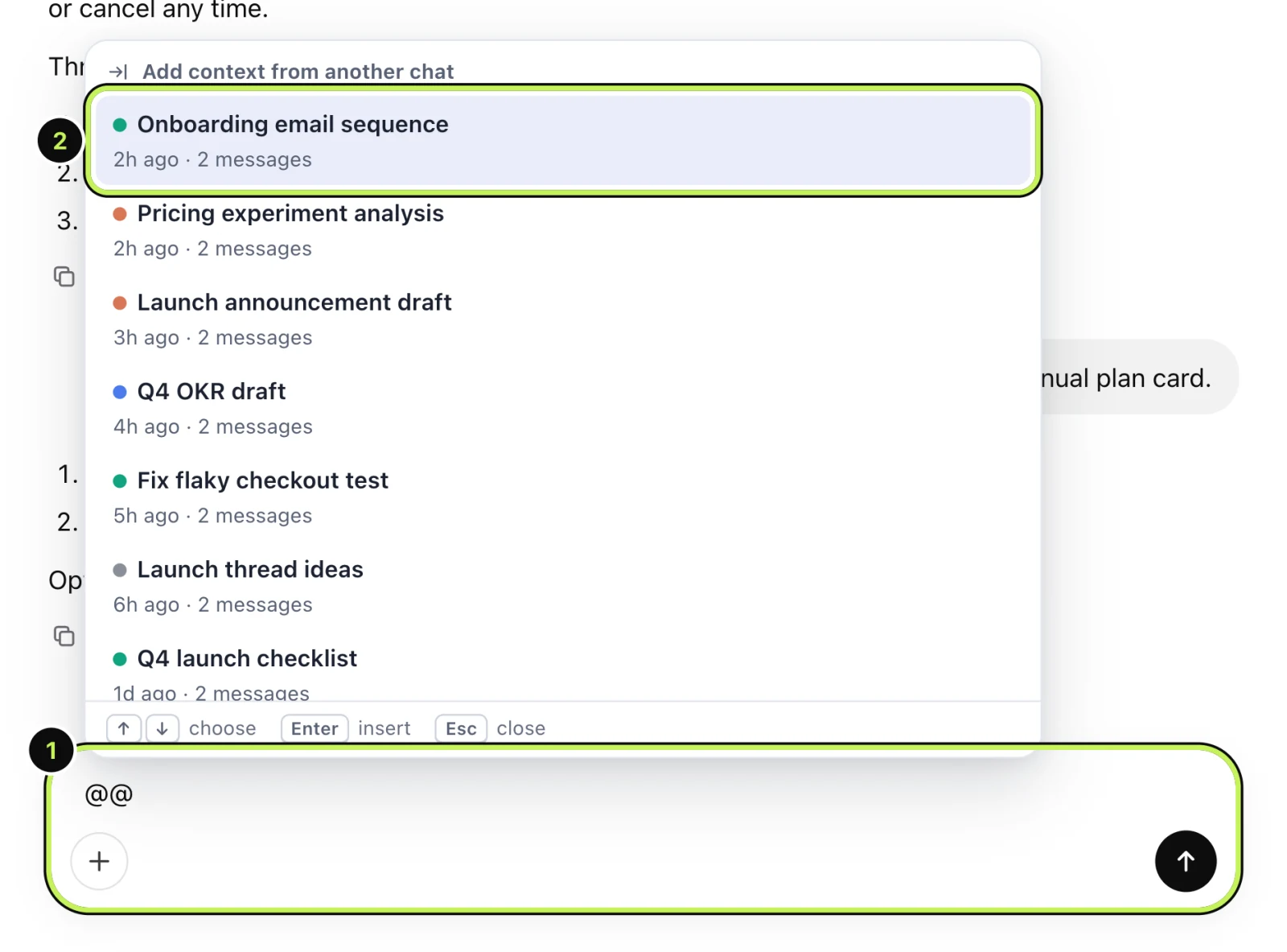 The @@ picker listing recent chats above the message box