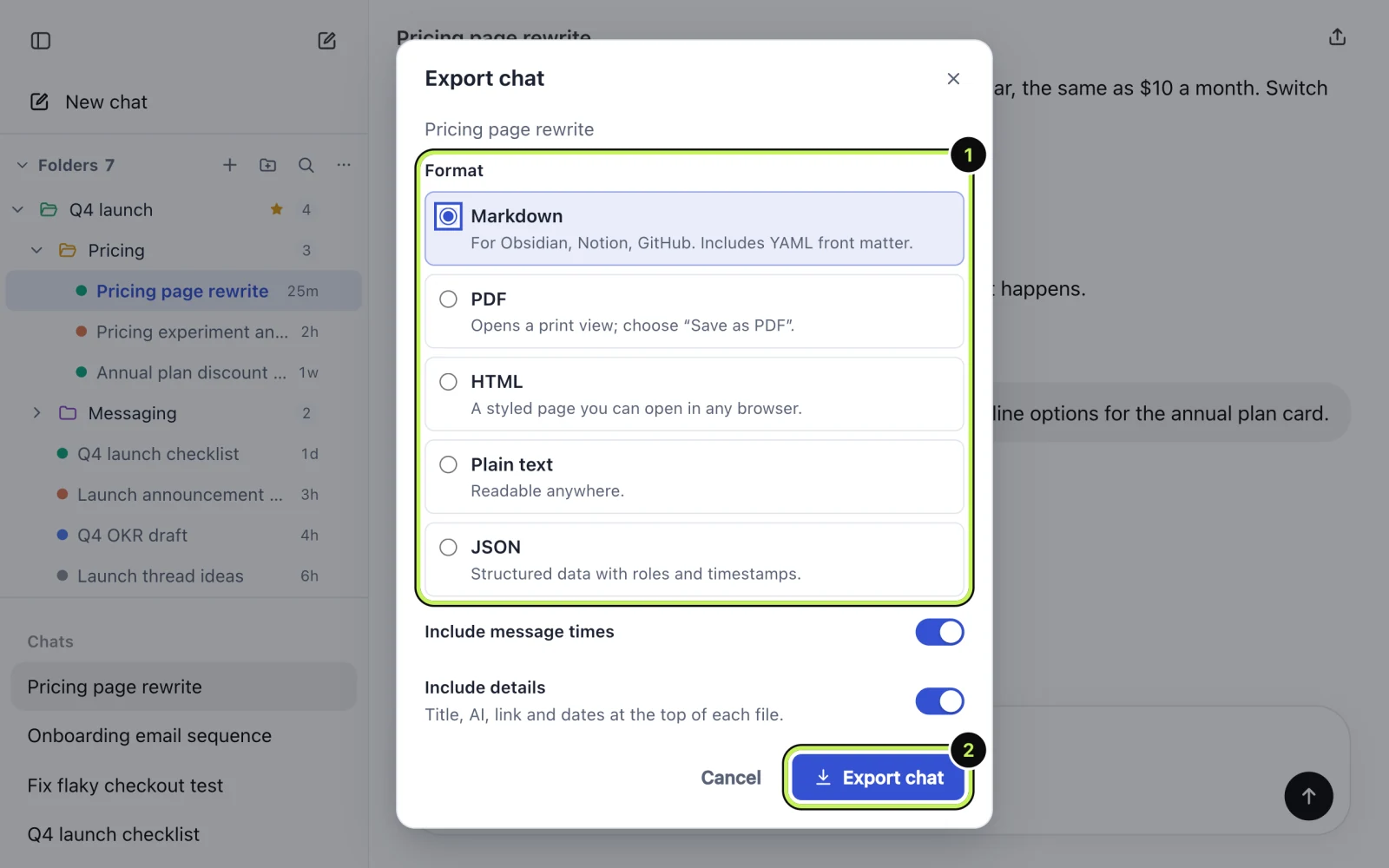 The Export chat dialog with five formats listed, two switches, and the Export chat button