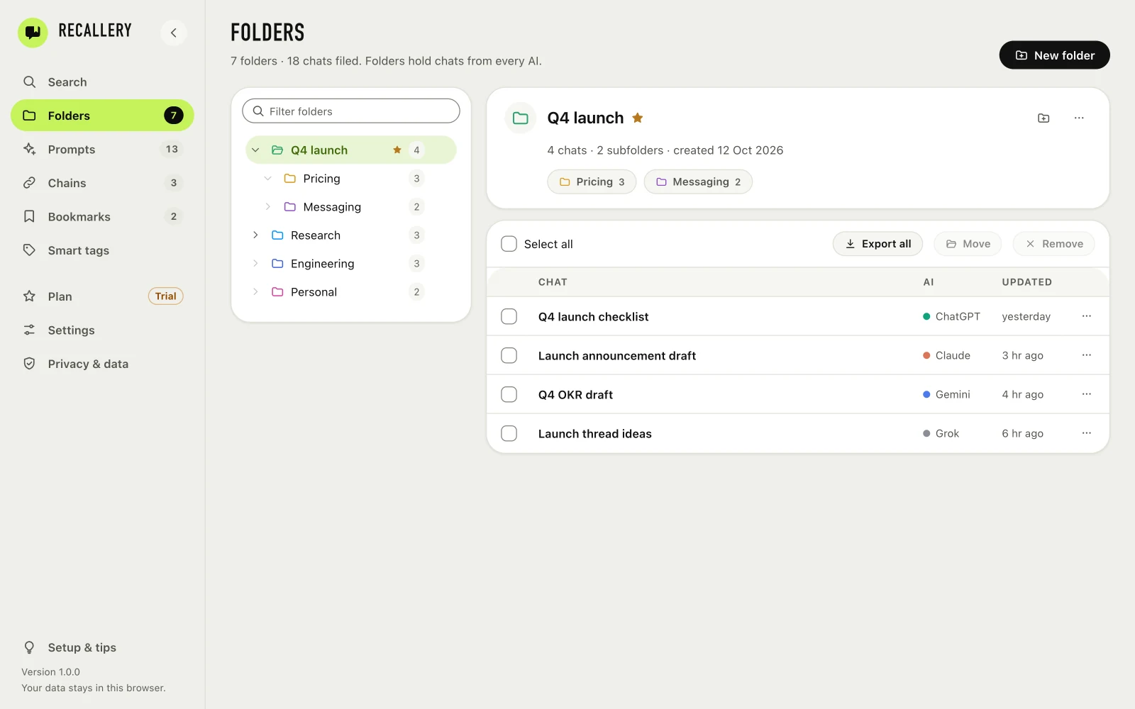 The Folders page in the Recallery dashboard with a folder tree on the left and a table of chats from different AIs on the right