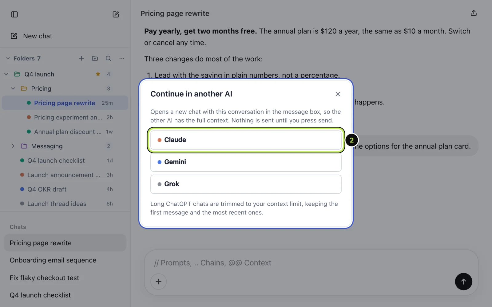 The Continue in another AI dialog listing Claude, Gemini and Grok