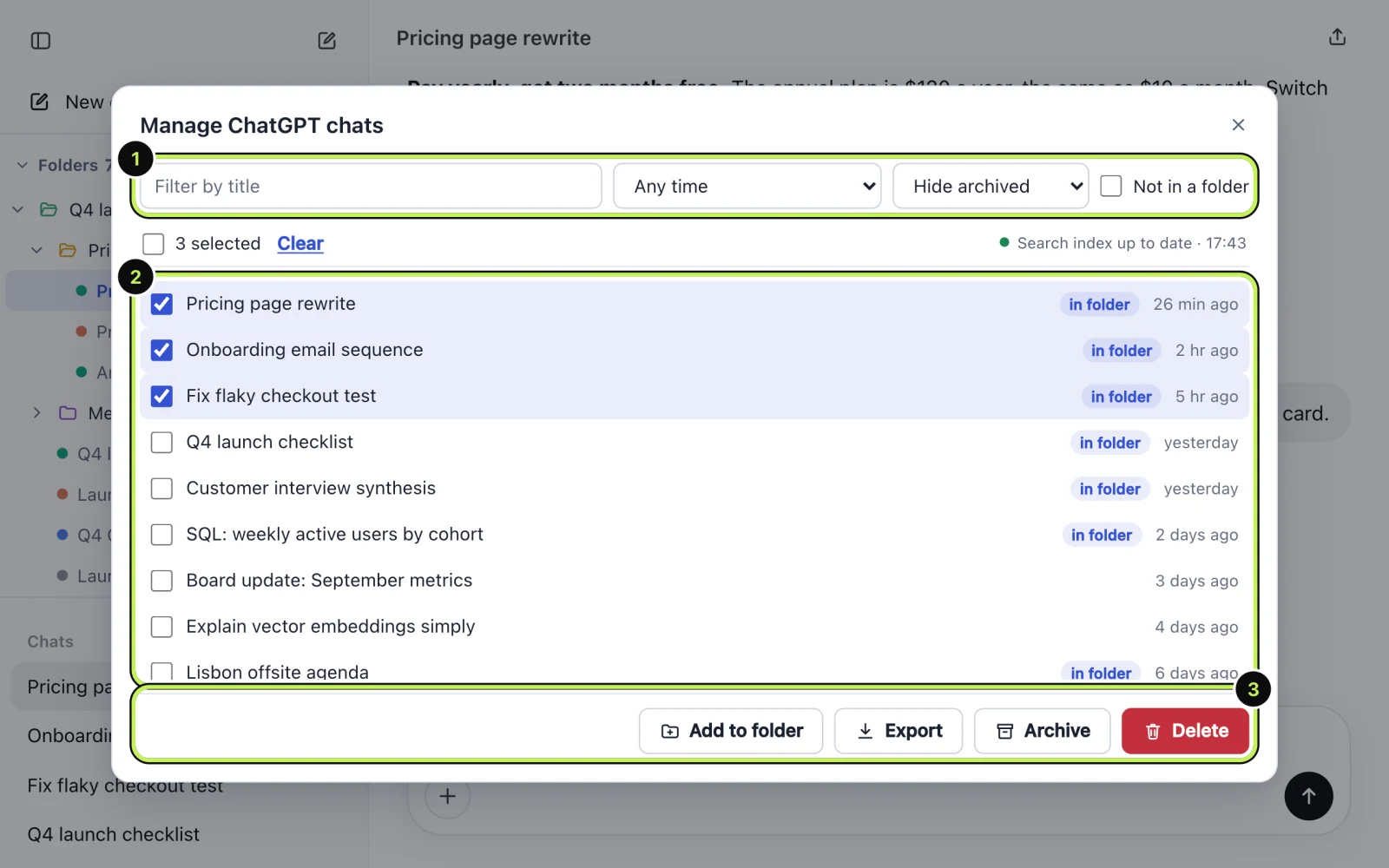 The Manage chats dialog with filters along the top, a list of chats with three ticked, and the action buttons at the bottom