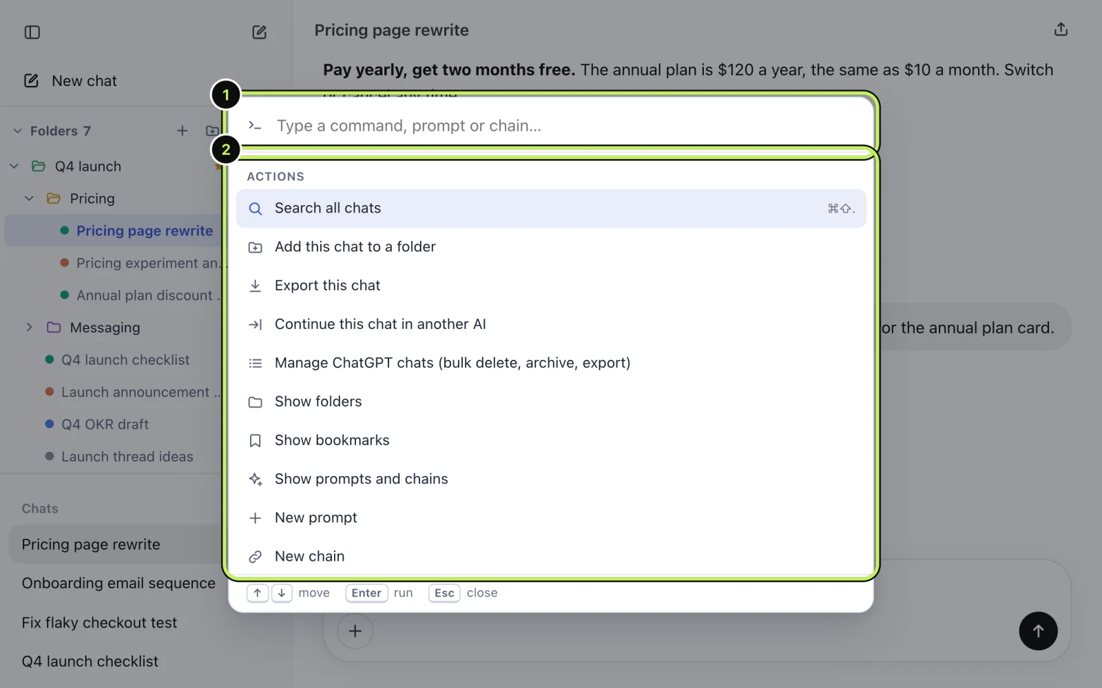 The command palette open on a chat, listing actions such as Search all chats, Add this chat to a folder and Export this chat