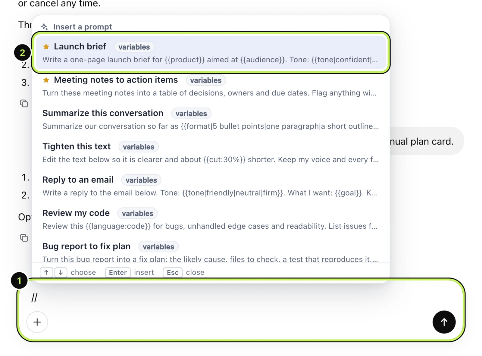 The // picker open above the message box, with the saved prompts listed and the first one highlighted