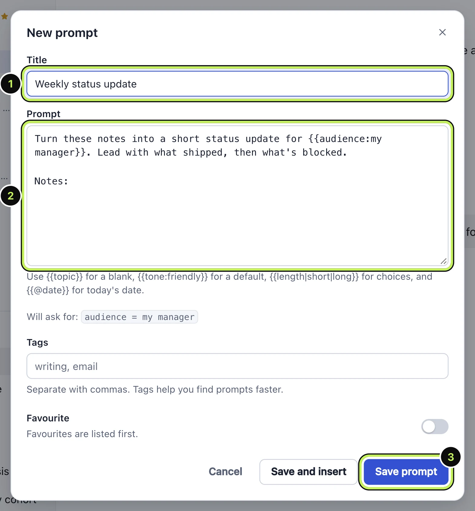 The New prompt form with a title, a prompt that has a blank to fill in, and the Save prompt button