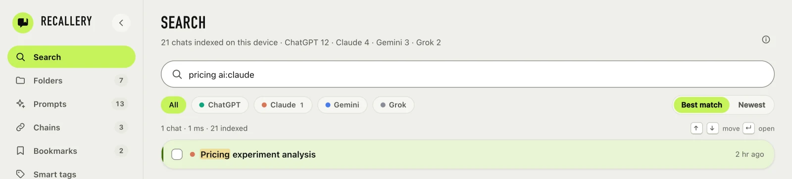 The Recallery search page in the dashboard, with the query "pricing ai:claude" returning one chat