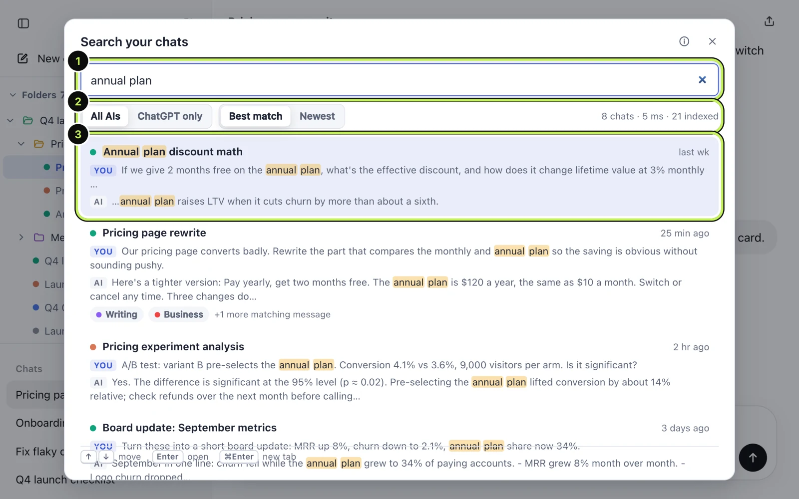 The Recallery search panel with the query "annual plan", filter buttons for each AI, and results showing the matching words highlighted