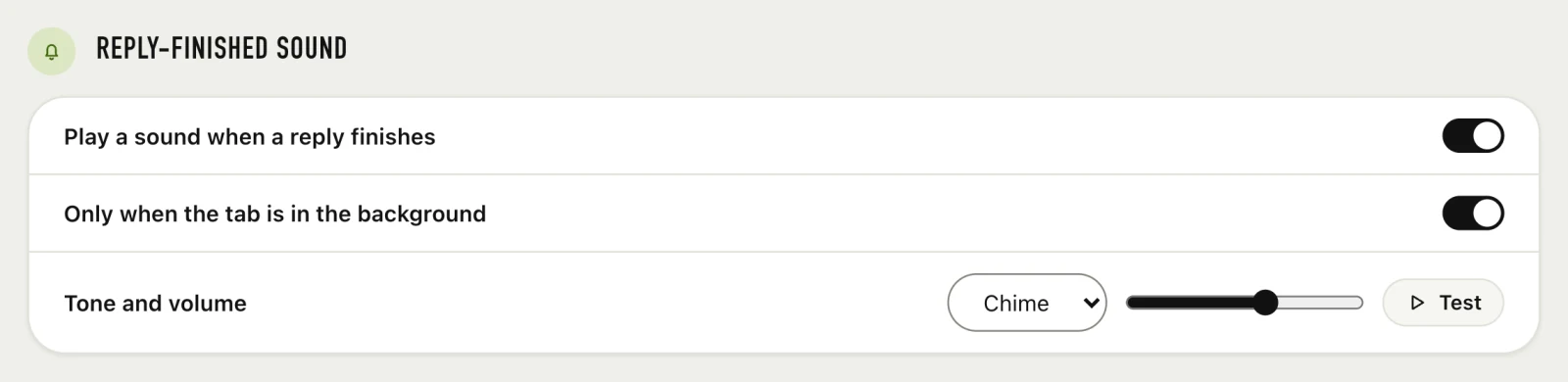 The Reply-finished sound section of settings with two switches and a tone and volume control