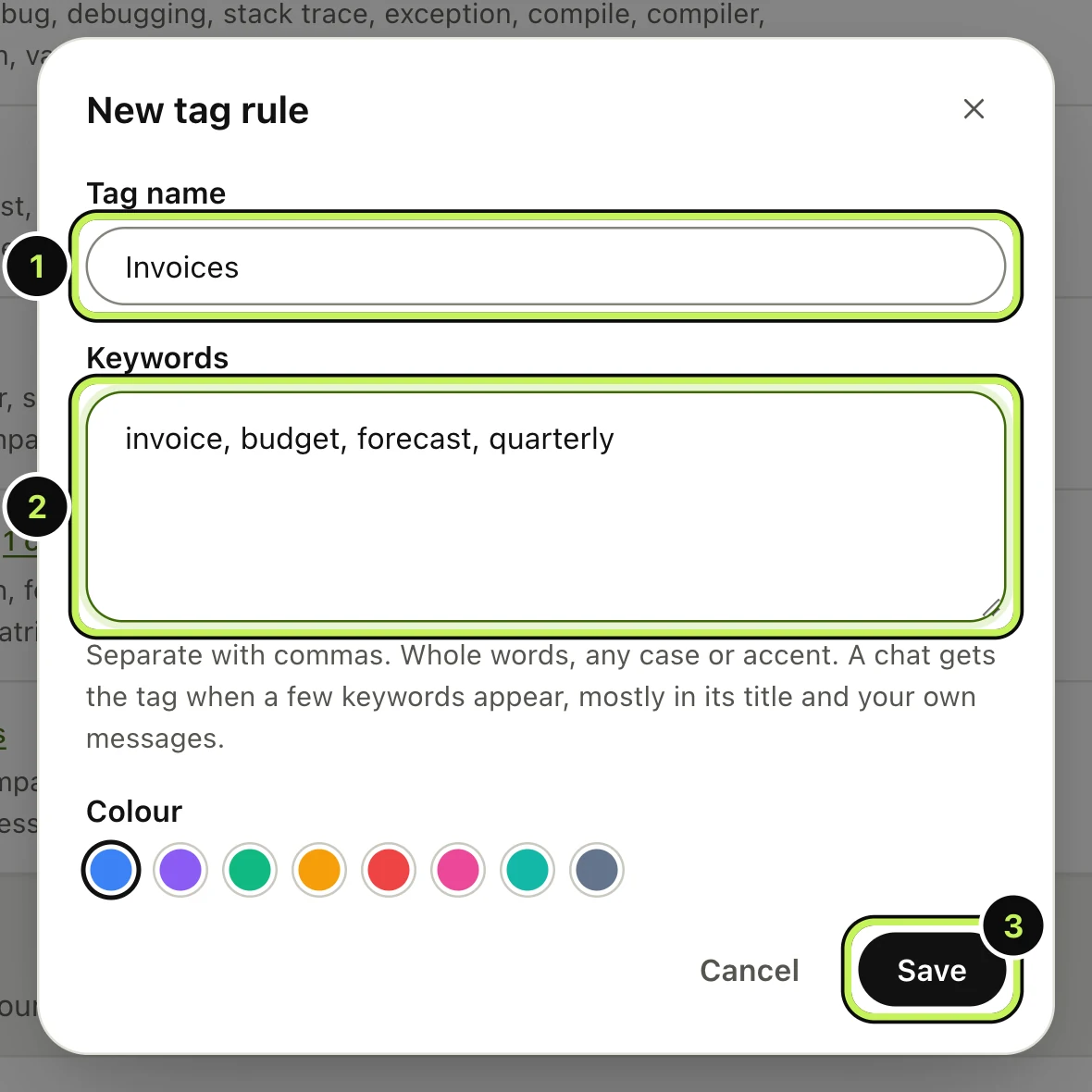 The New tag rule dialog with a tag name, a list of keywords and a Save button