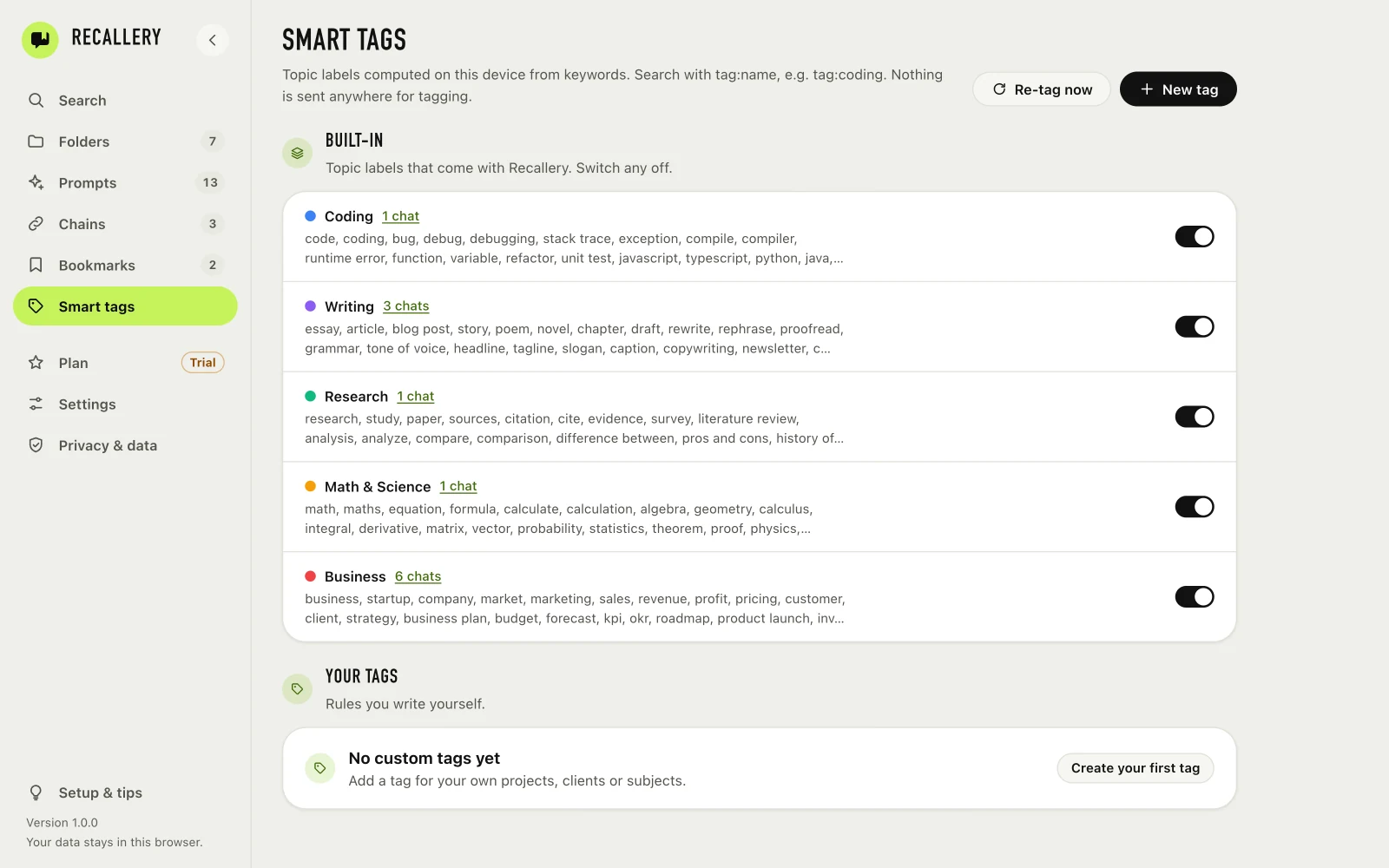 The Smart tags page showing built-in topics such as Coding, Writing and Research, each with its keywords, chat count and an on/off switch