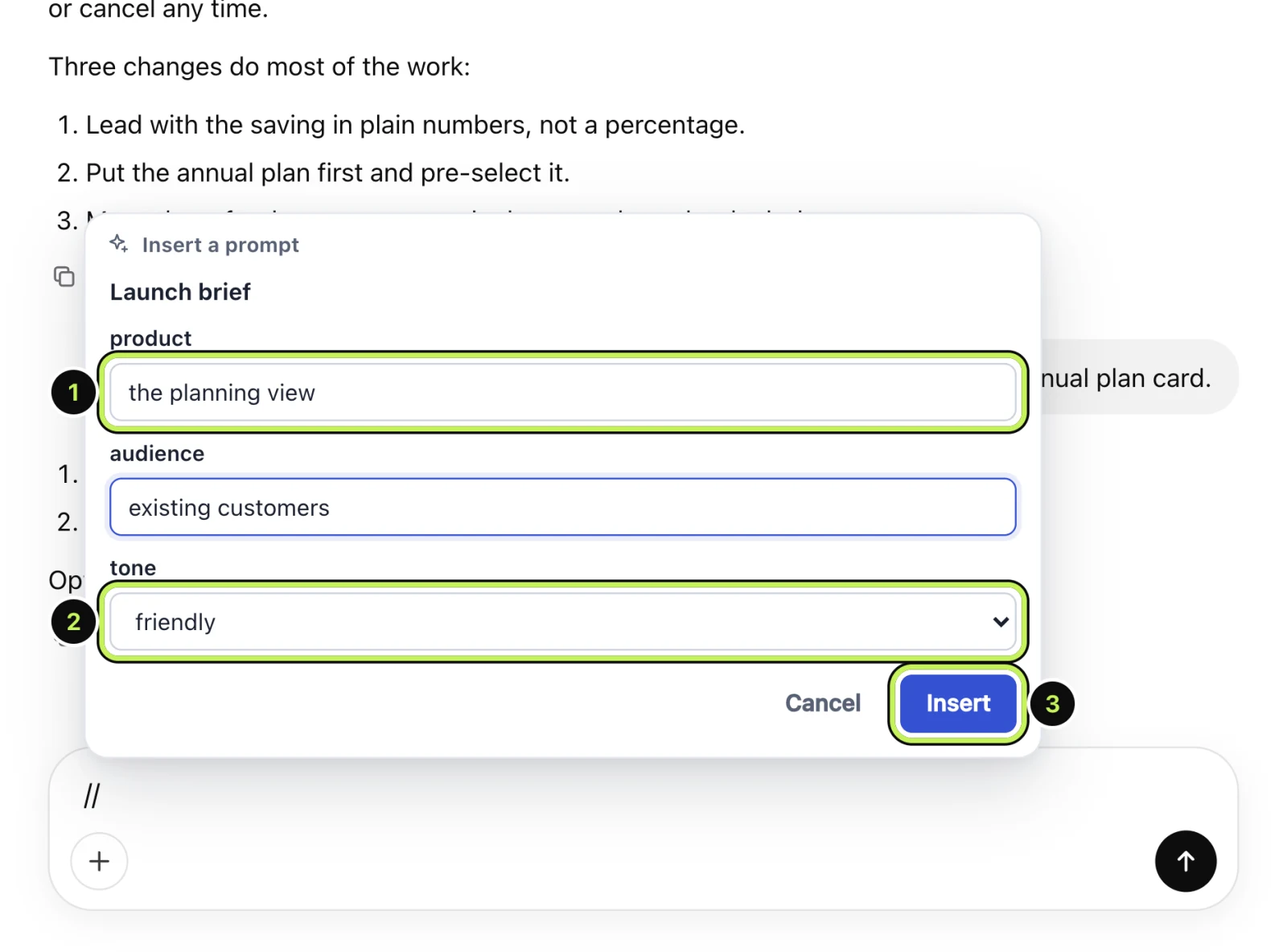 The Launch brief template as a form, with a text box for the product, a drop-down for tone, and an Insert button